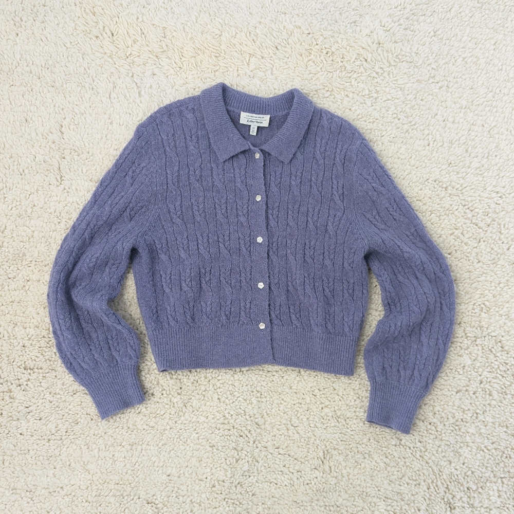 & Other Stories Purple Floral Button Alpaca Blend Cable Knit Cardigan - Picture 3 of 6